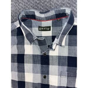 Orvis Shirt XL Mens Blue White Checkered Plaid Button Long Sleeve Cotton